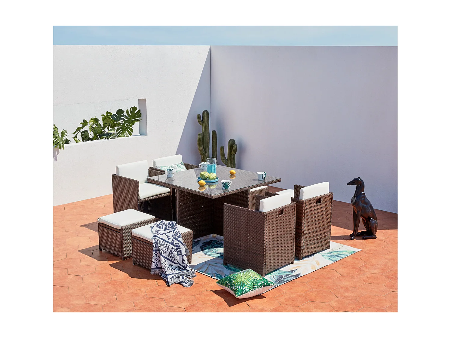 Conjunto de Jardim 8 Lugares em Rattan Sintético Castanho/Branco - Miami Concept-Usine