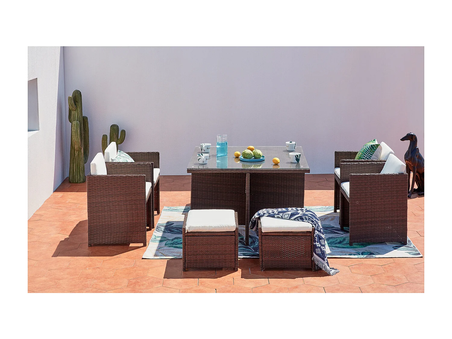 Conjunto de Jardim 8 Lugares em Rattan Sintético Castanho/Branco - Miami Concept-Usine