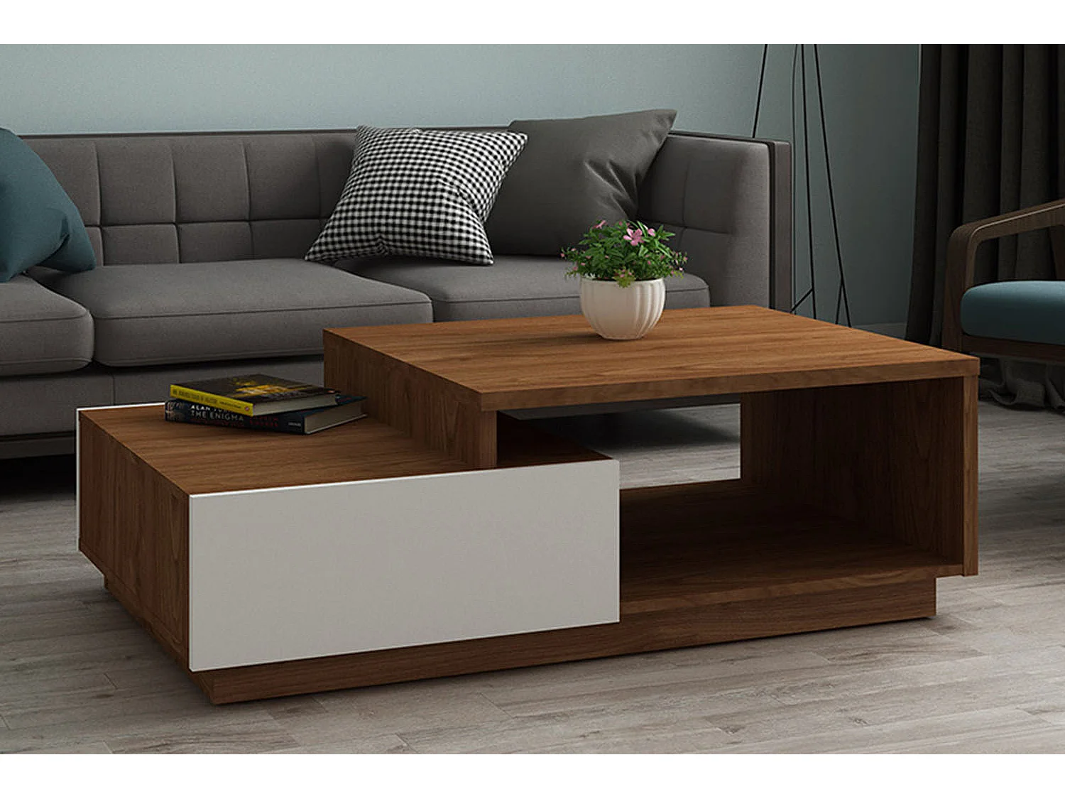 Mesa de centro de madera oscura y cajones blancos MONTREAL