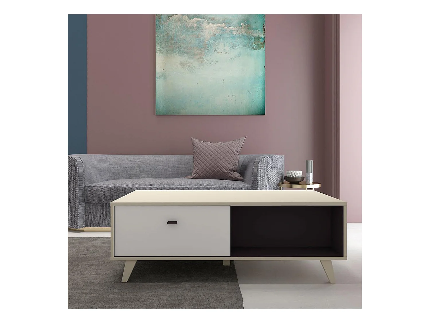 Salontafel van natuurlijk hout met lade SKADI - Scandinavisch design, wit en licht hout, opbergruimte