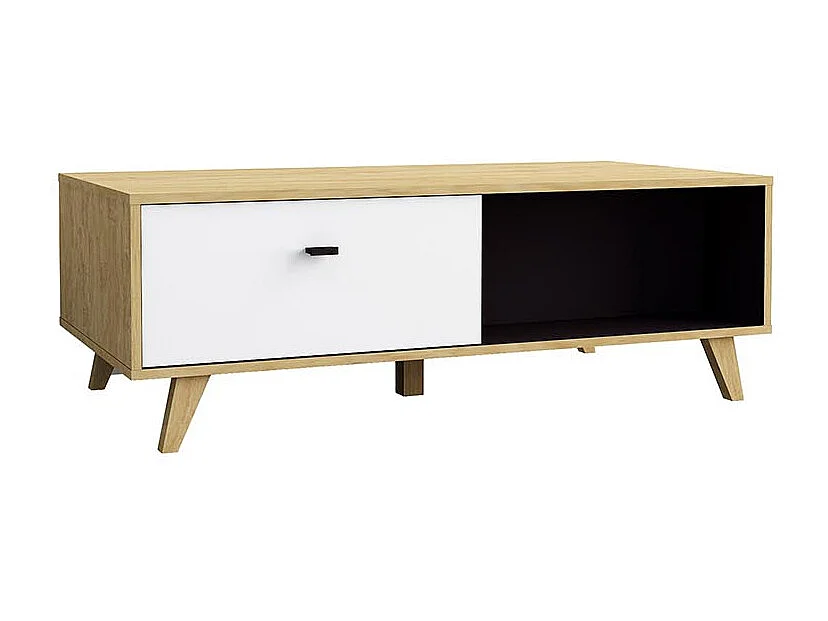 Mesa de centro em madeira natural com gaveta SKADI - Design escandinavo, branco e madeira clara, espaço de arrumação