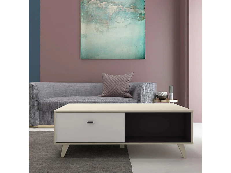 Mesa de centro em madeira natural com gaveta SKADI - Design escandinavo, branco e madeira clara, espaço de arrumação