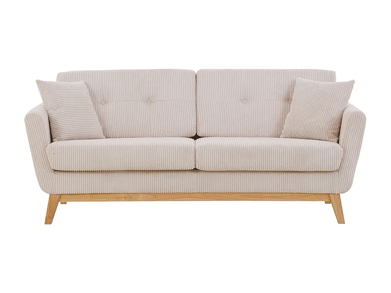 Sofá escandinavo de 3 lugares em veludo cotelê bege HOGA com estrutura em madeira maciça