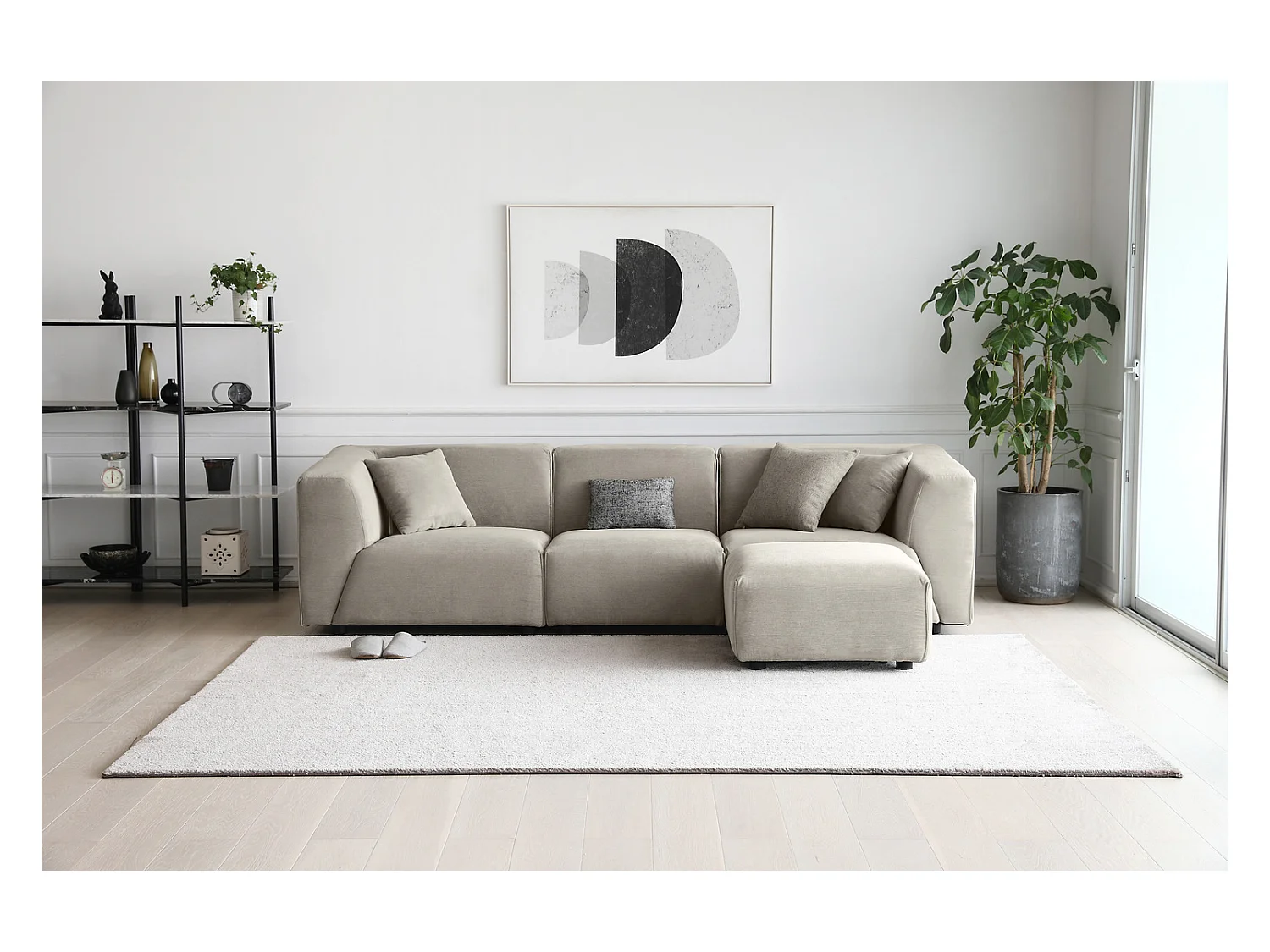 Canapé modulable 3 places + 1 pouf velours côtelé gris clair MONROE