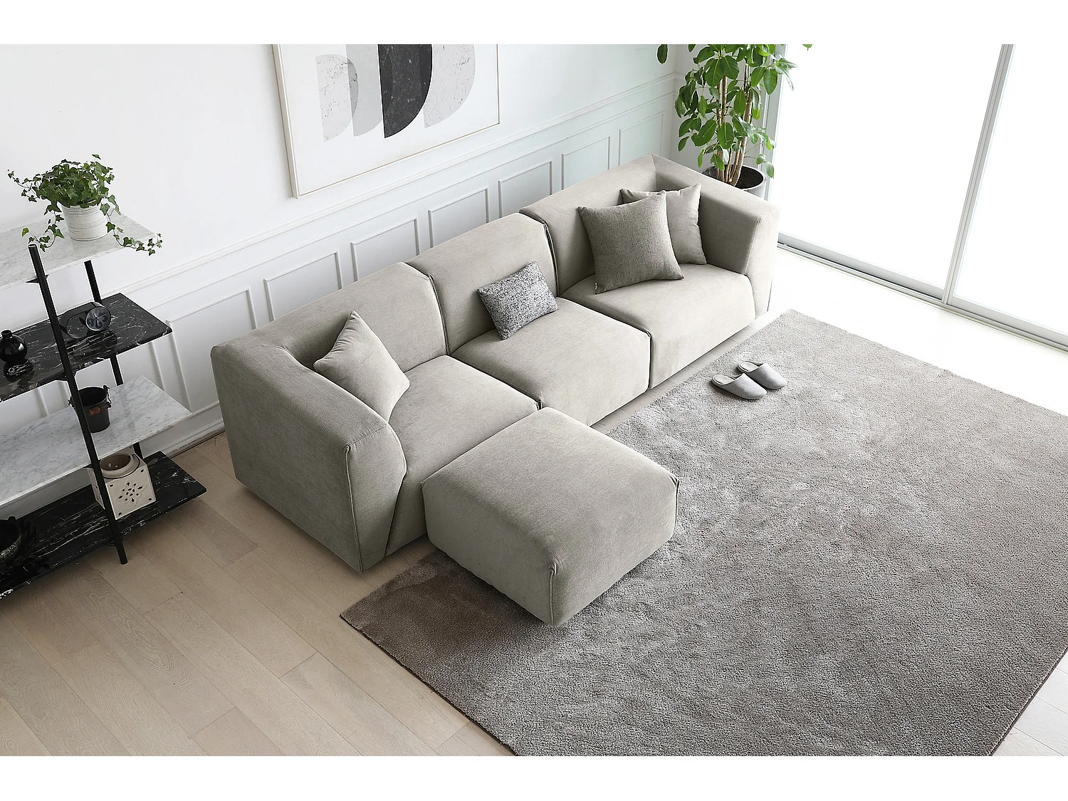 Divano modulare 3 posti 1 poggiapiedi in velluto a coste grigio chiaro MONROE