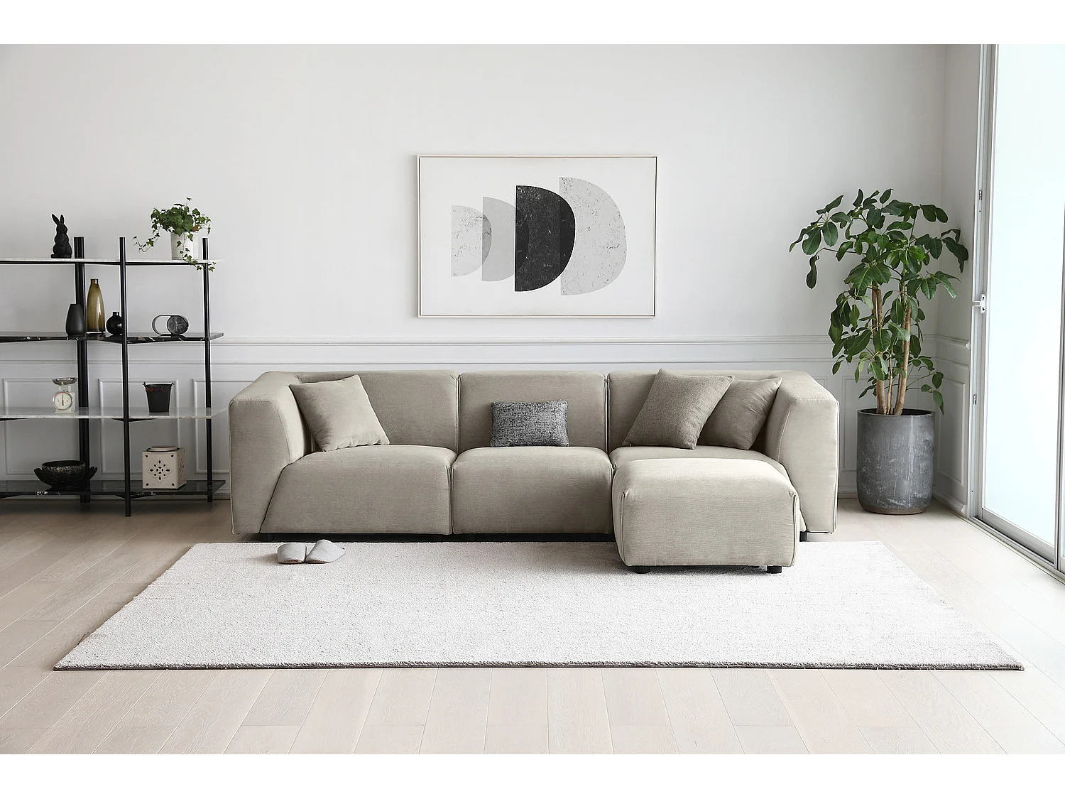 Modulaire 3-zitsbank + 1 poef van lichtgrijze ribfluweel MONROE - Scandinavisch design