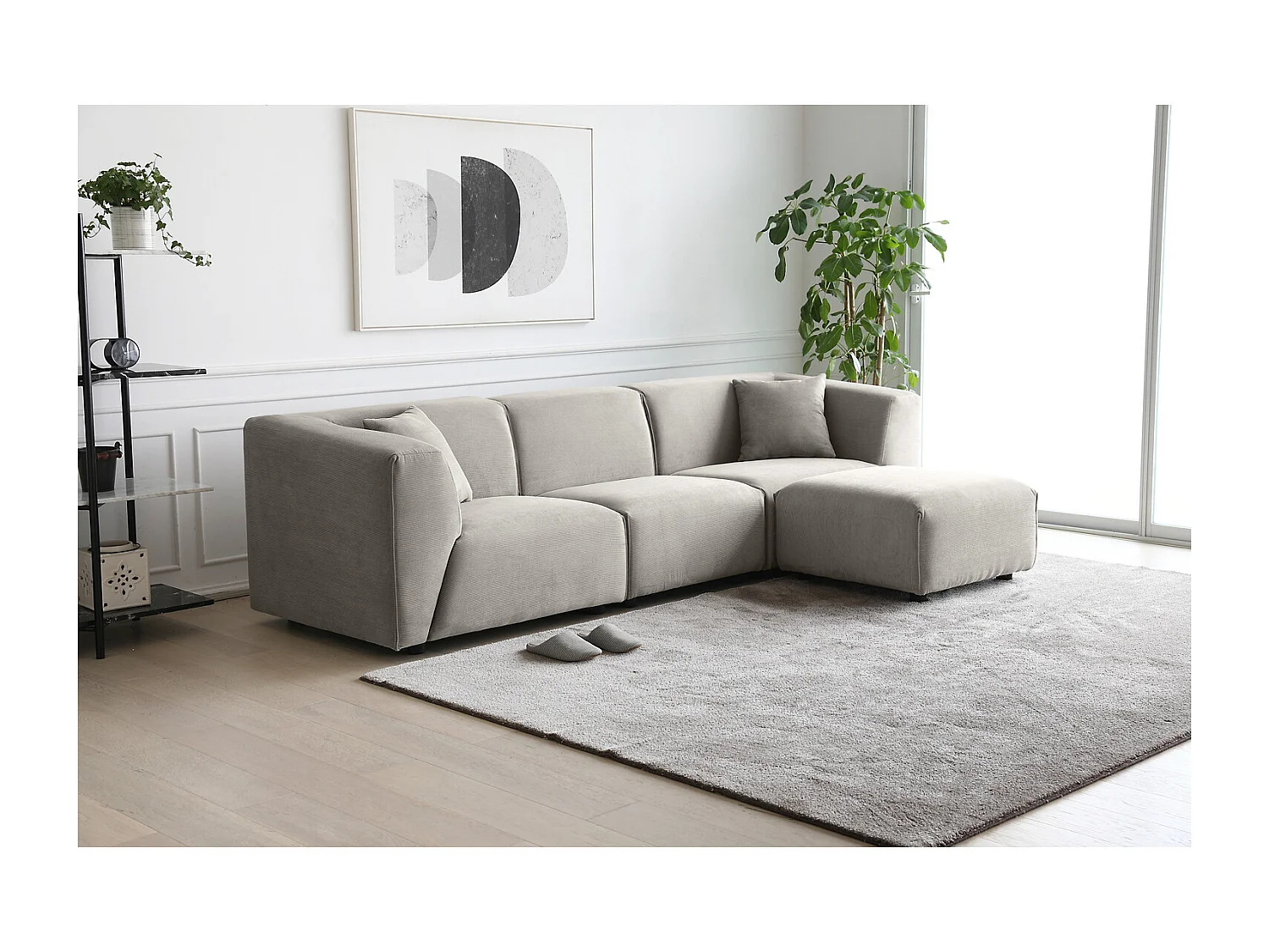 Modulaire 3-zitsbank + 1 poef van lichtgrijze ribfluweel MONROE - Scandinavisch design