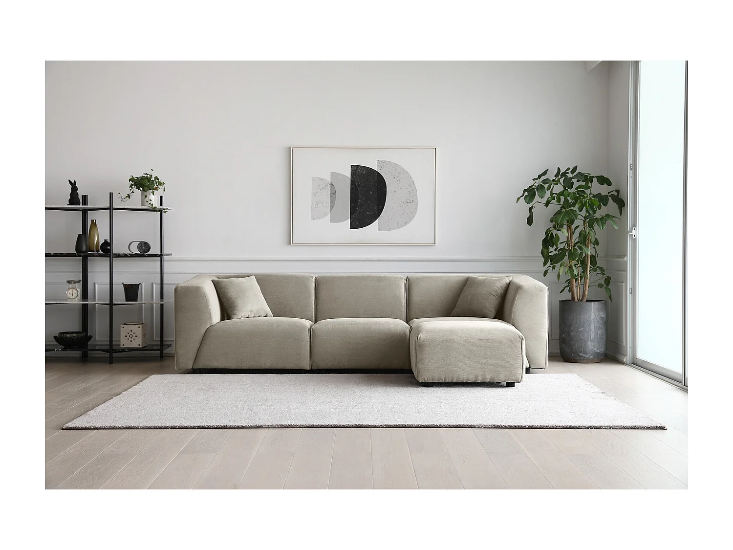 Modulaire 3-zitsbank + 1 poef van lichtgrijze ribfluweel MONROE - Scandinavisch design