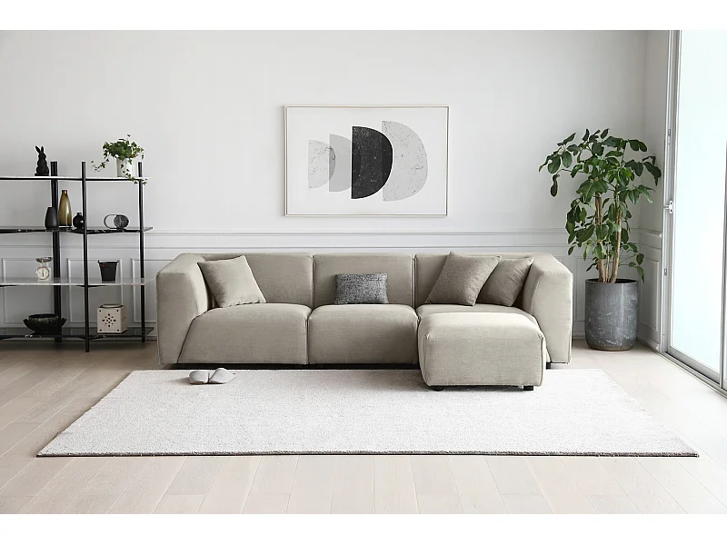 Modulaire 3-zitsbank + 1 poef van lichtgrijze ribfluweel MONROE - Scandinavisch design