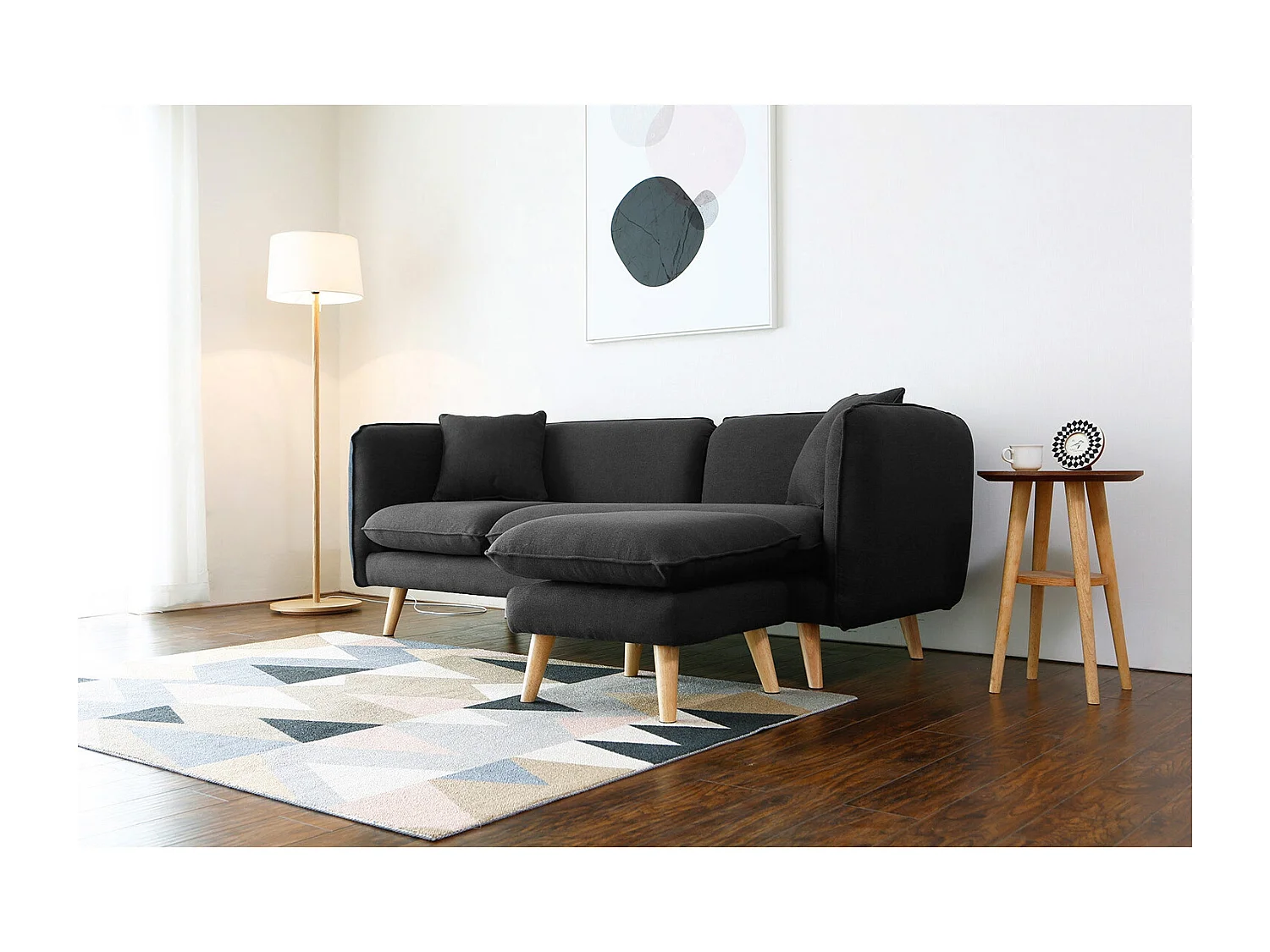 Canapé 3 places et 1 pouf en tissu gris anthracite ISKO