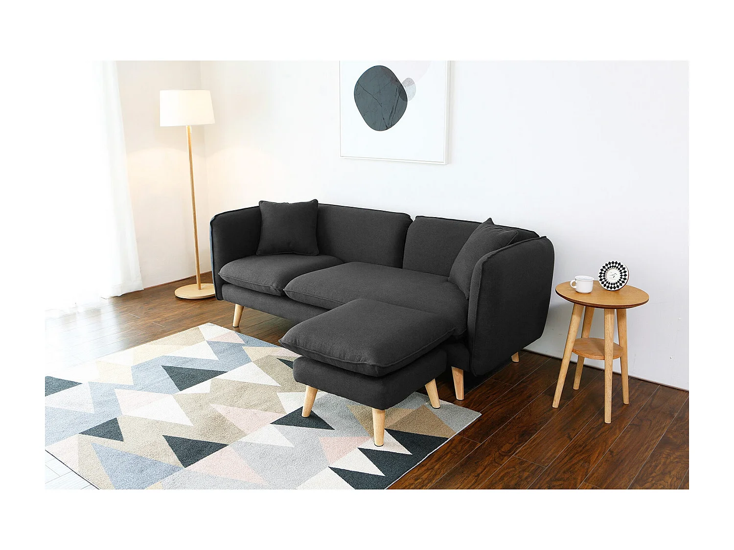 Canapé 3 places et 1 pouf en tissu gris anthracite ISKO