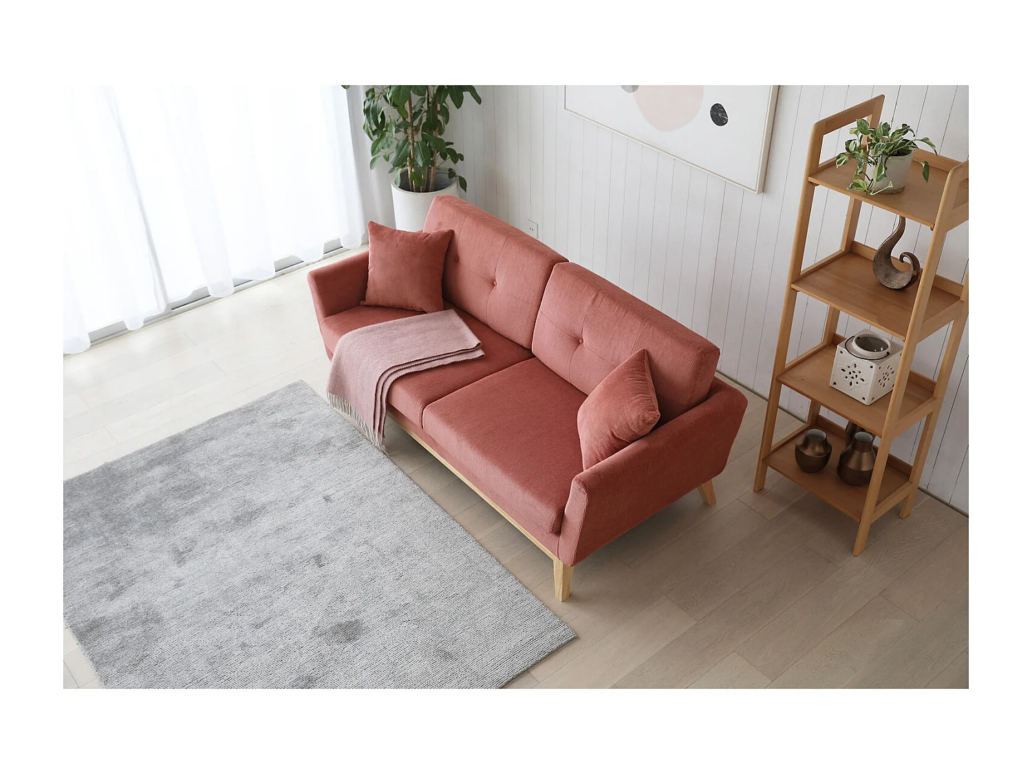 Scandinavische 3-Zits Ribfluwelen Bank Eekhoorn HOGA - Scandinavische Stijl, Comfortabel, Massief Houten Structuur