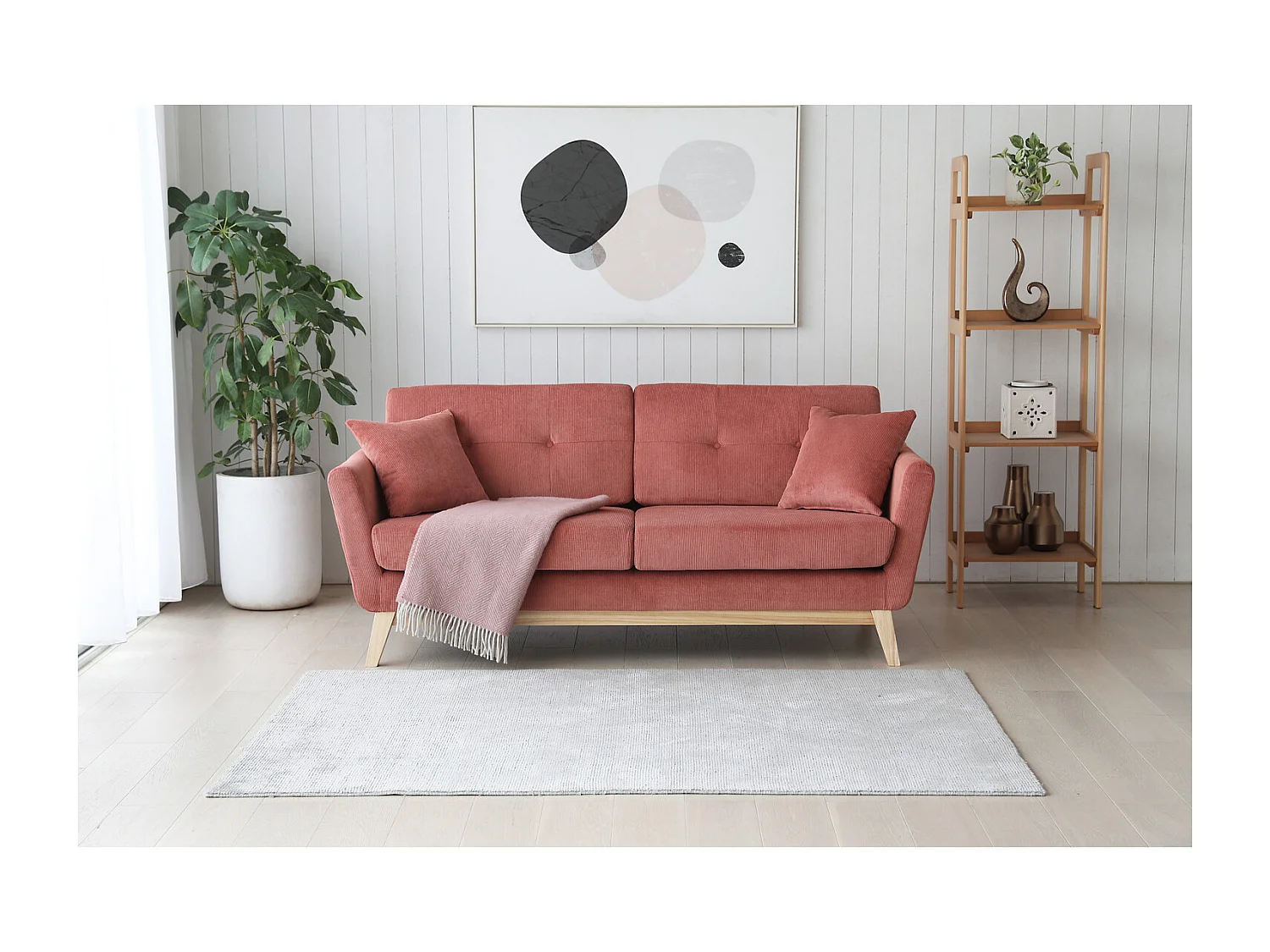 Scandinavische 3-Zits Ribfluwelen Bank Eekhoorn HOGA - Scandinavische Stijl, Comfortabel, Massief Houten Structuur