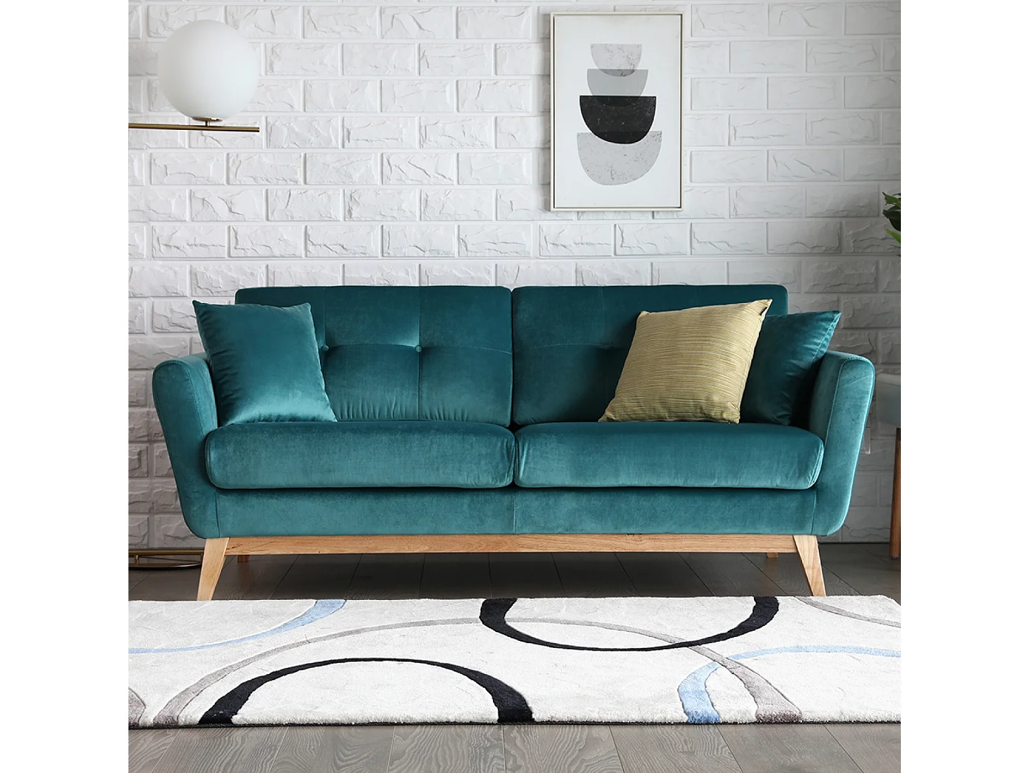 Canapé droit scandinave 3 places velours vert HOGA