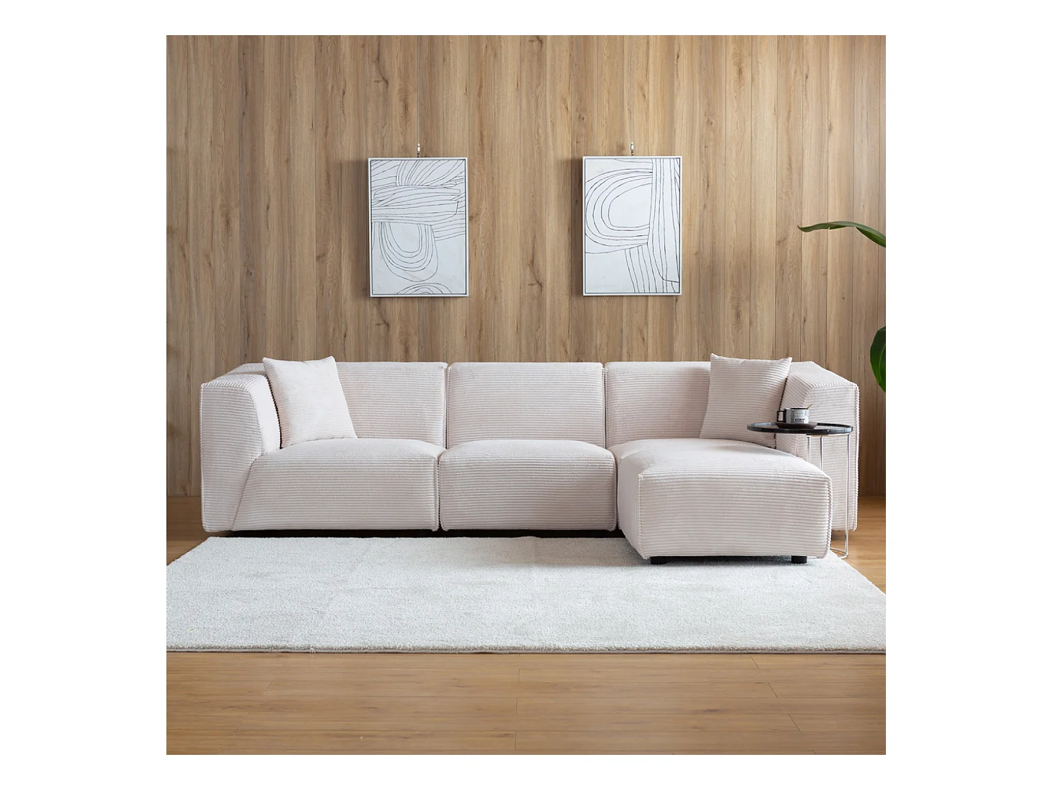 Divano modulare 3 posti + 1 poggiapiedi in velluto a coste beige MONROE