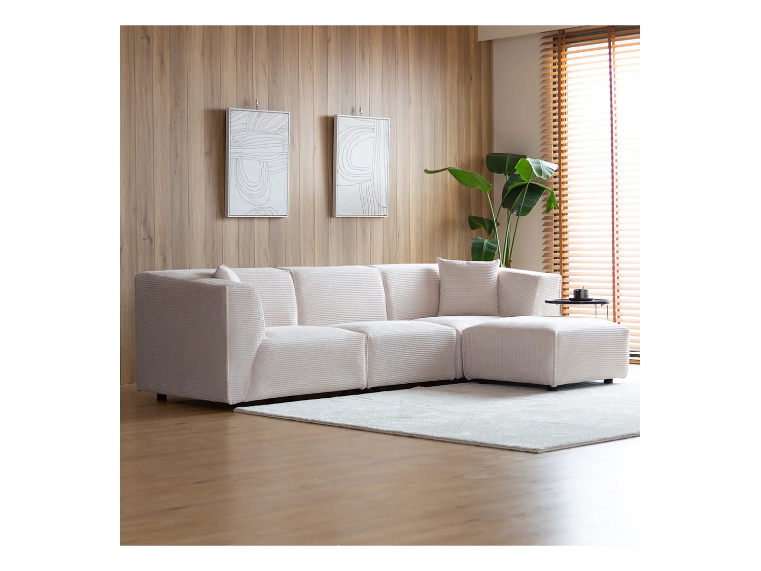 Divano modulare 3 posti + 1 poggiapiedi in velluto a coste beige MONROE