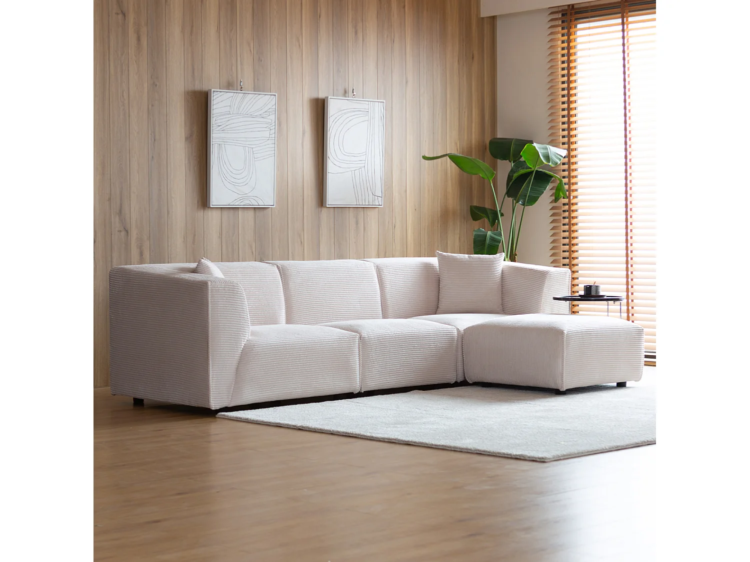 Sofá Modular de 3 Lugares + 1 Pufe de Veludo Cotelê Bege MONROE - Estilo Moderno e Confortável