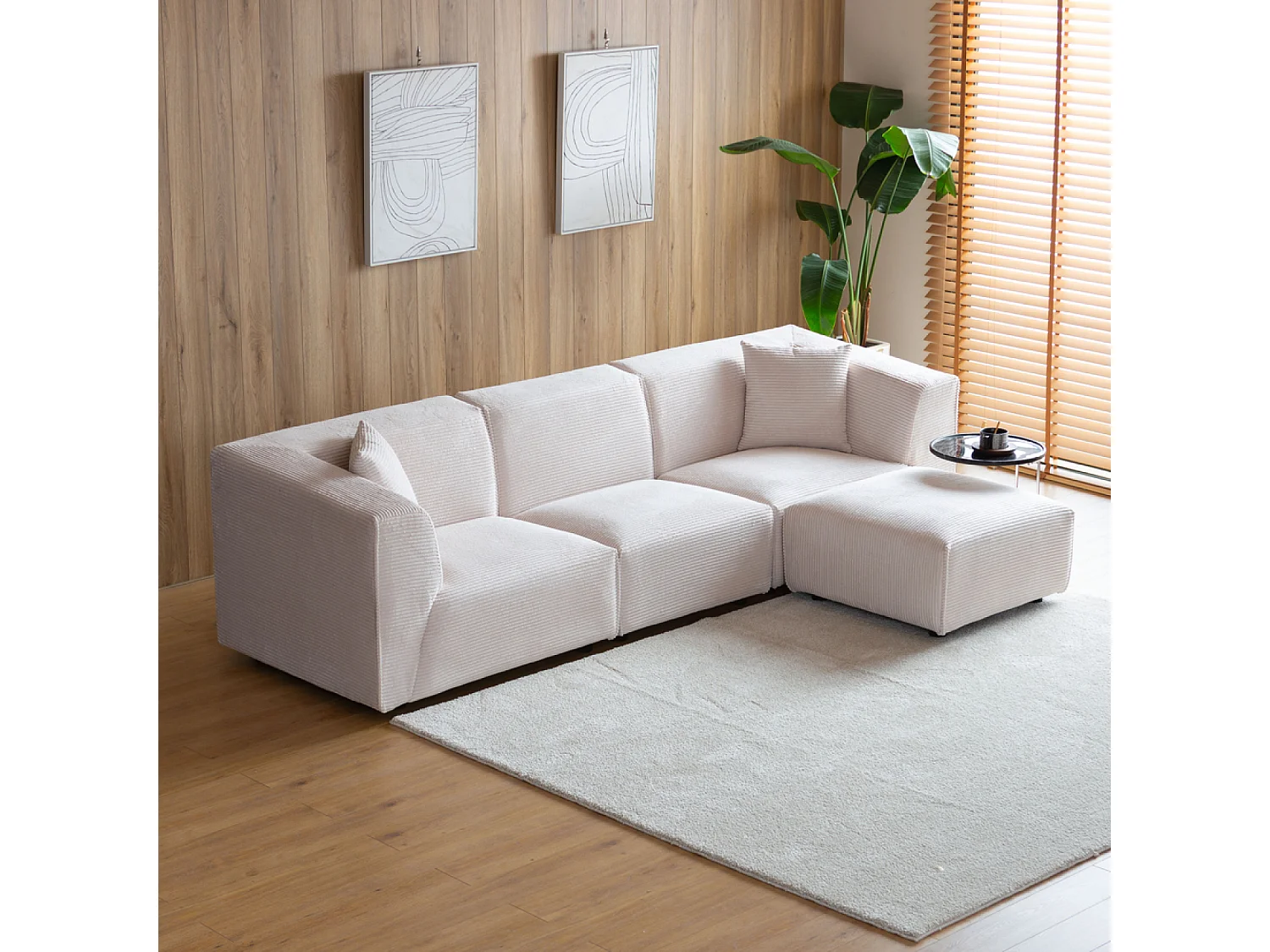 Divano modulare 3 posti + 1 poggiapiedi in velluto a coste beige MONROE