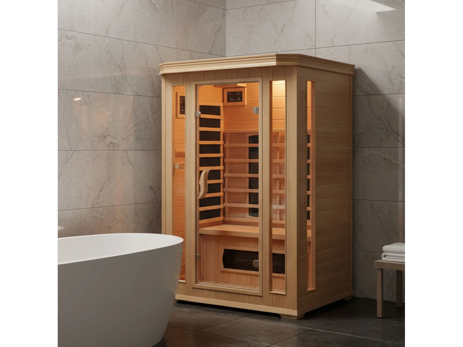Sauna infrarroja de lujo con cromoterapia para 2 personas NARVIK con cromoterapia de 5 colores y radio FM
