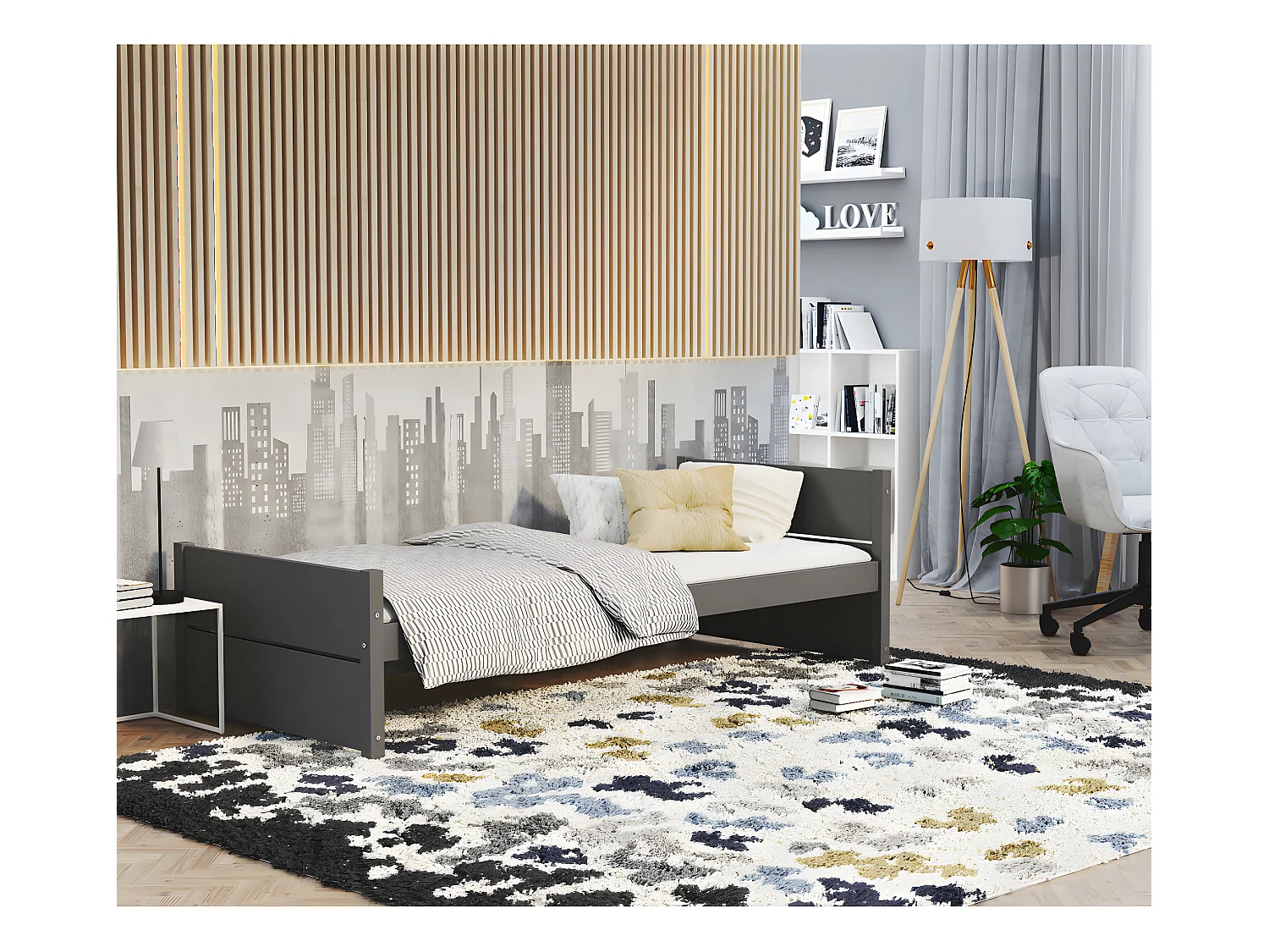 LIT ENFANT TYMON 90x200 Gris Livré avec sommiers