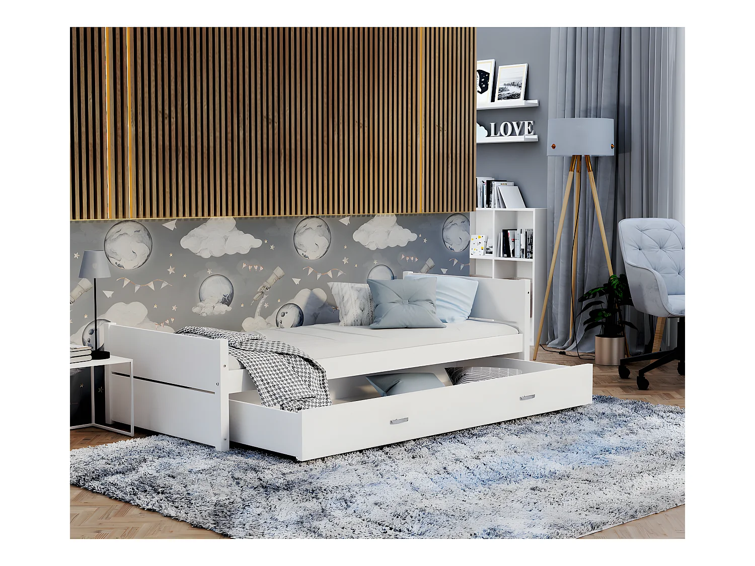 LIT ENFANT TYMON 90x200 + TIROIR Blanc Livré avec le sommiers et tiroir.