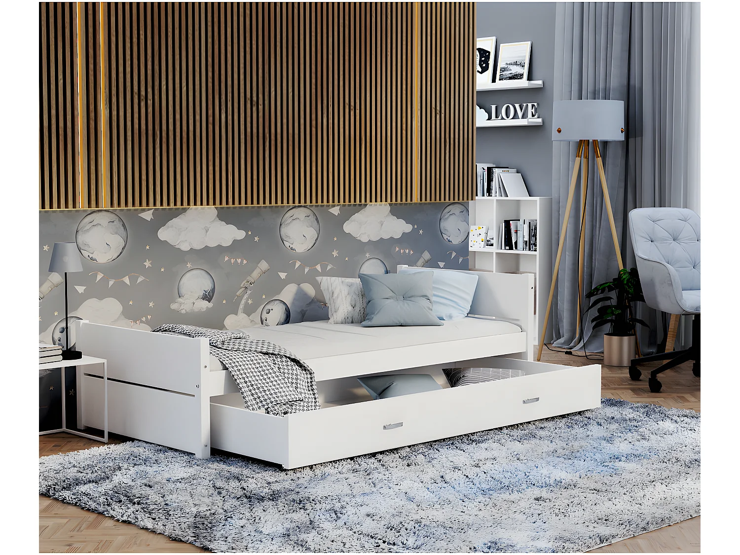 LIT ENFANT TYMON 90x200 + TIROIR Blanc Livré avec le sommiers et tiroir.