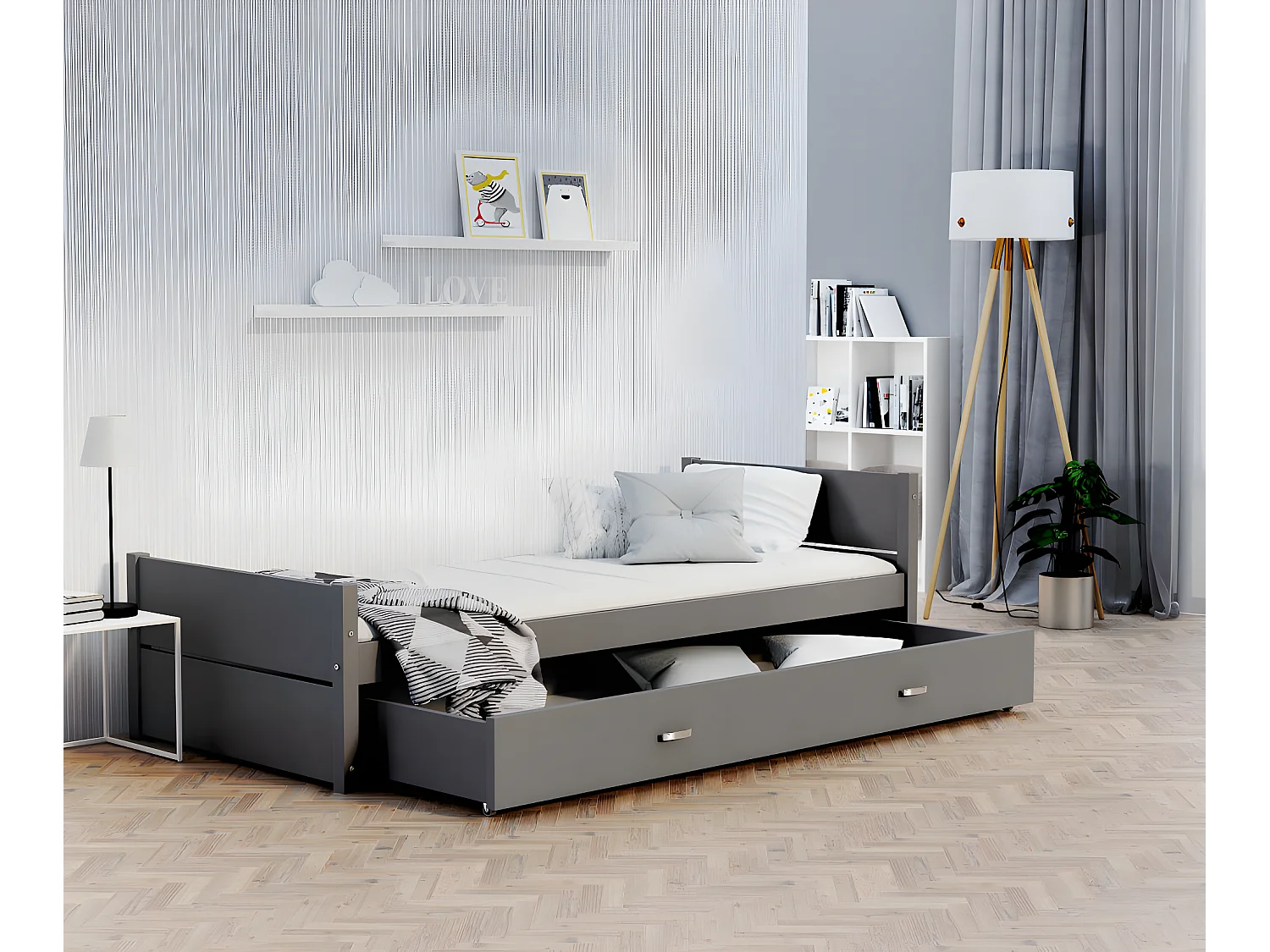 LIT ENFANT TYMON 90x200 + TIROIR Gris Livré avec le sommiers et tiroir.