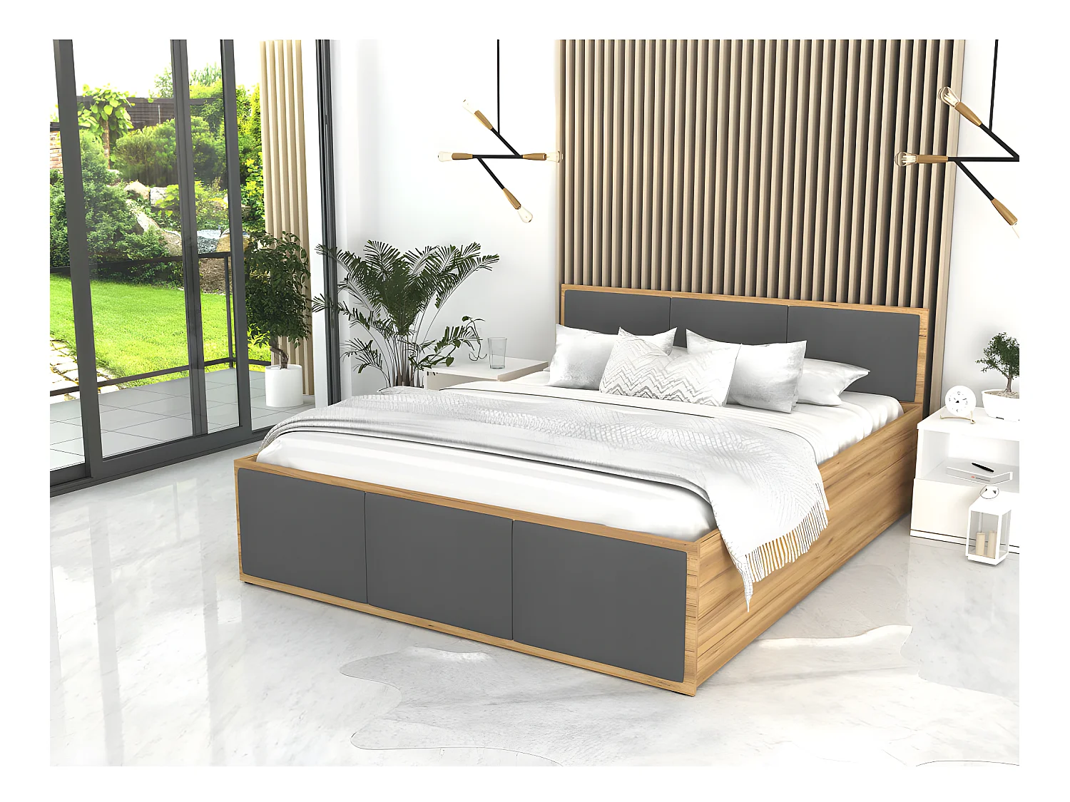 Lit coffre Panama T 140x190 - Sommier inclus Chêne - gris foncé