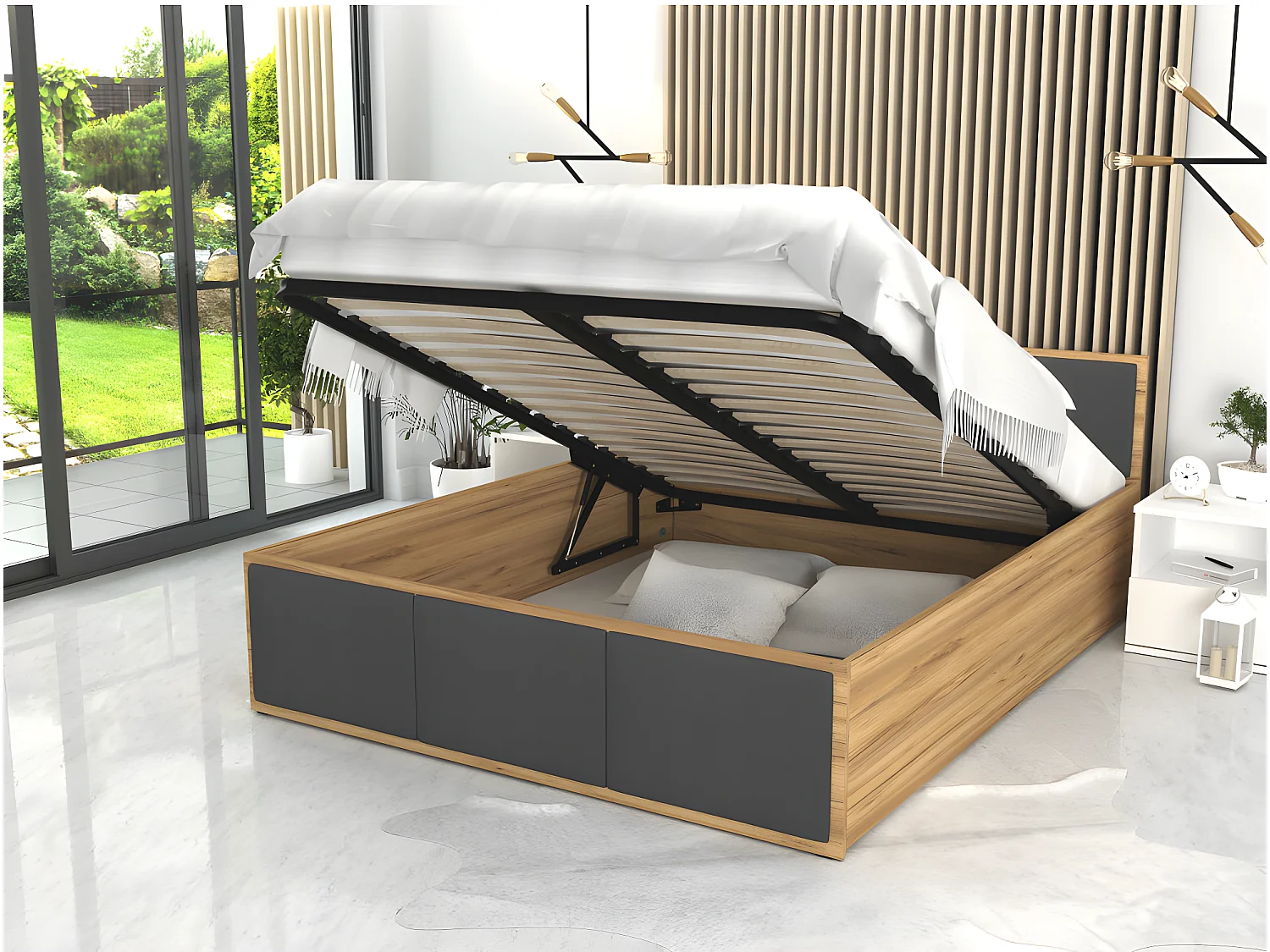 Lit coffre Panama T 140x190 - Sommier inclus Chêne - gris foncé