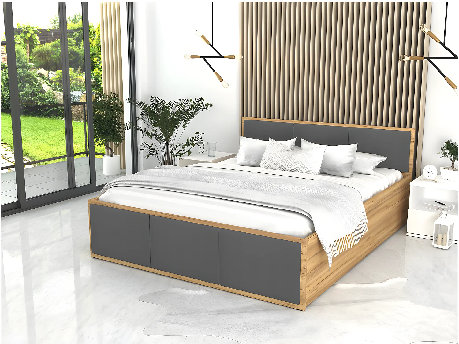 Lit coffre Panama T 140x190 - Sommier inclus Chêne - gris foncé