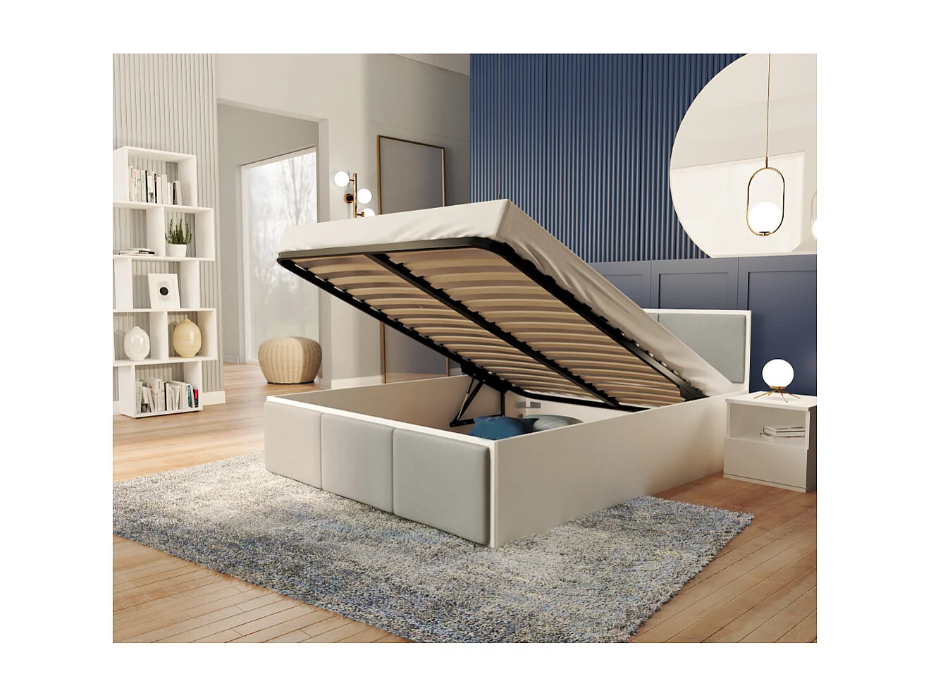 Lit coffre Panama T 160x200 - Sommier inclus Blanc - Gris clair