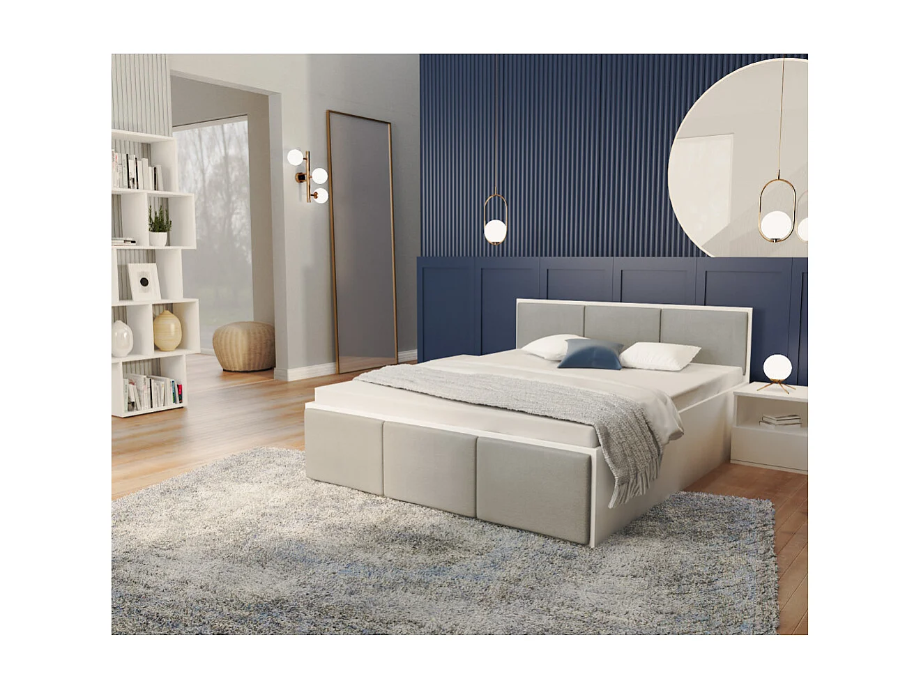 Lit coffre Panama T 160x200 - Sommier inclus Blanc - Gris clair