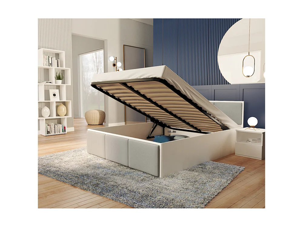 Lit coffre Panama T 160x200 - Sommier inclus Blanc - Gris clair