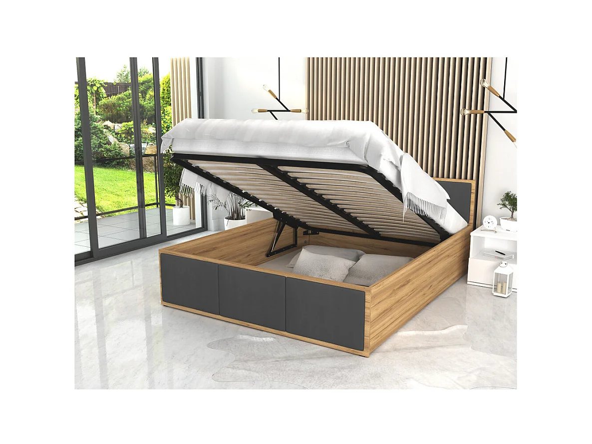 Lit coffre Panama T 160x200 - Sommier inclus Chêne - gris foncé