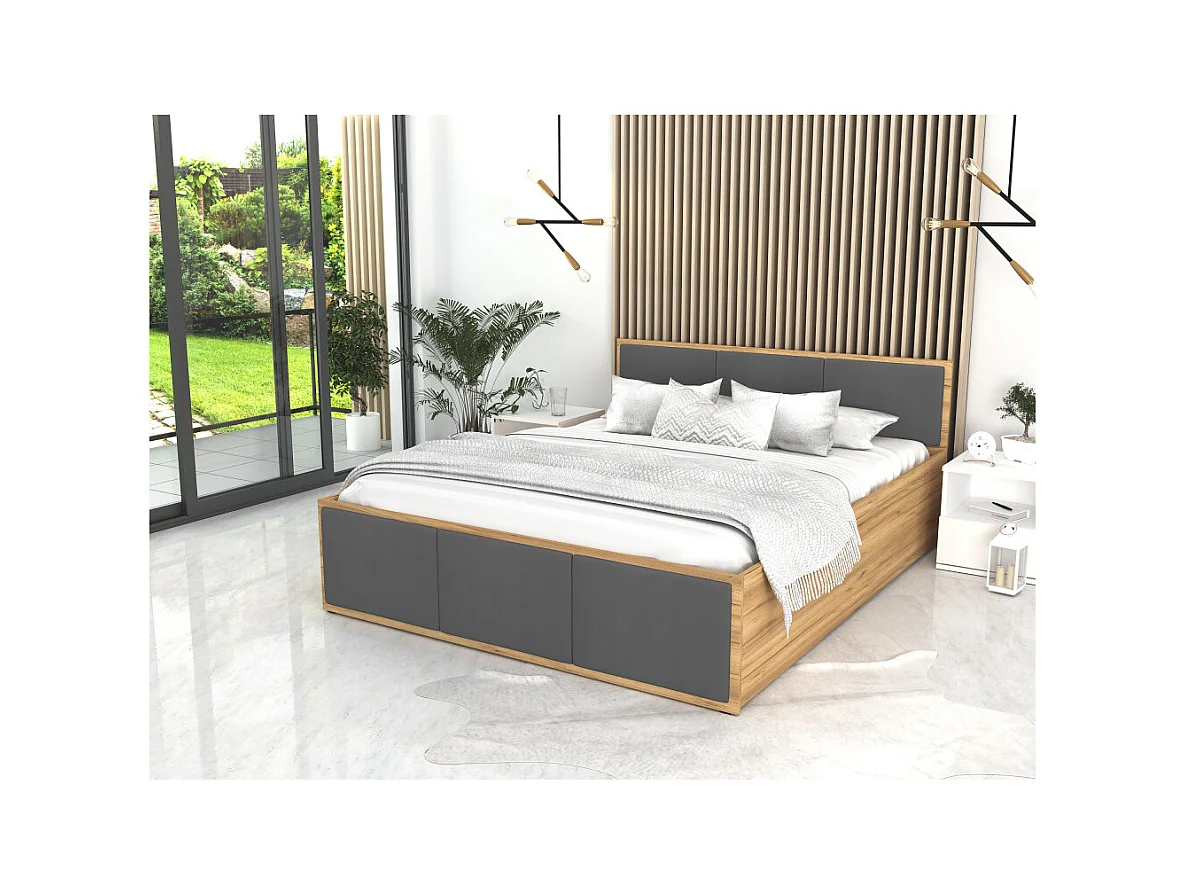 Lit coffre Panama T 160x200 - Sommier inclus Chêne - gris foncé