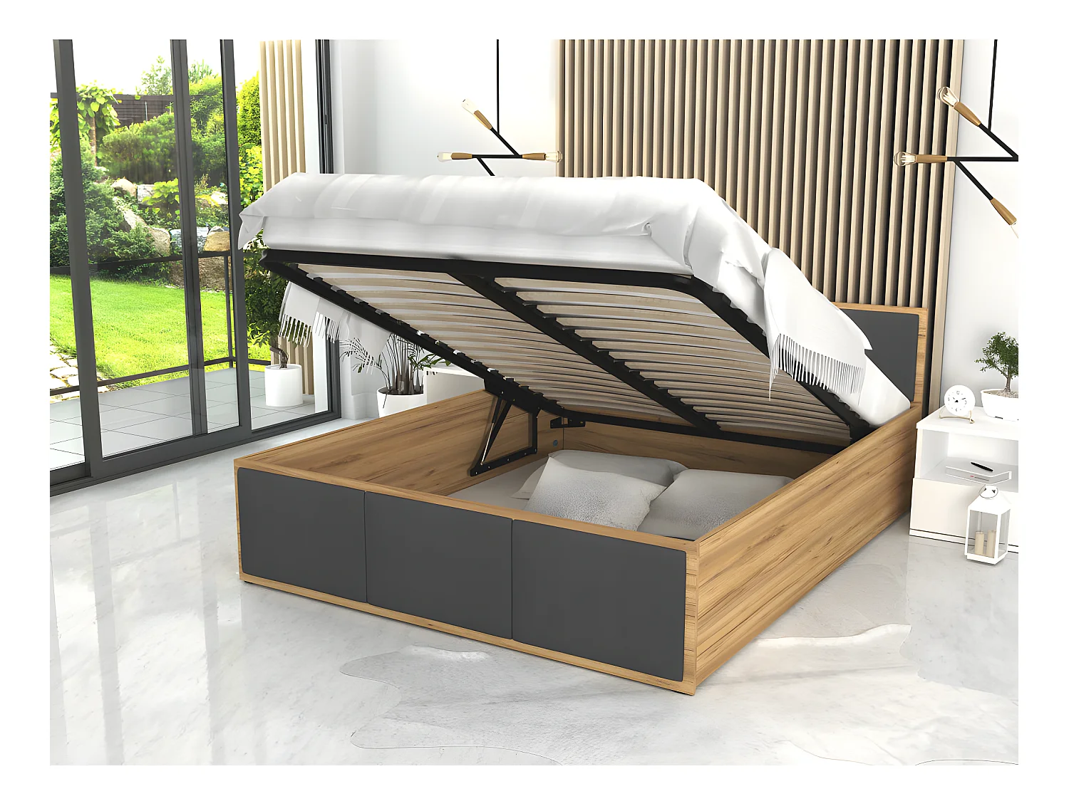 Lit Panama T 160x200 + coffre - Sommier inclus Chêne - gris foncé