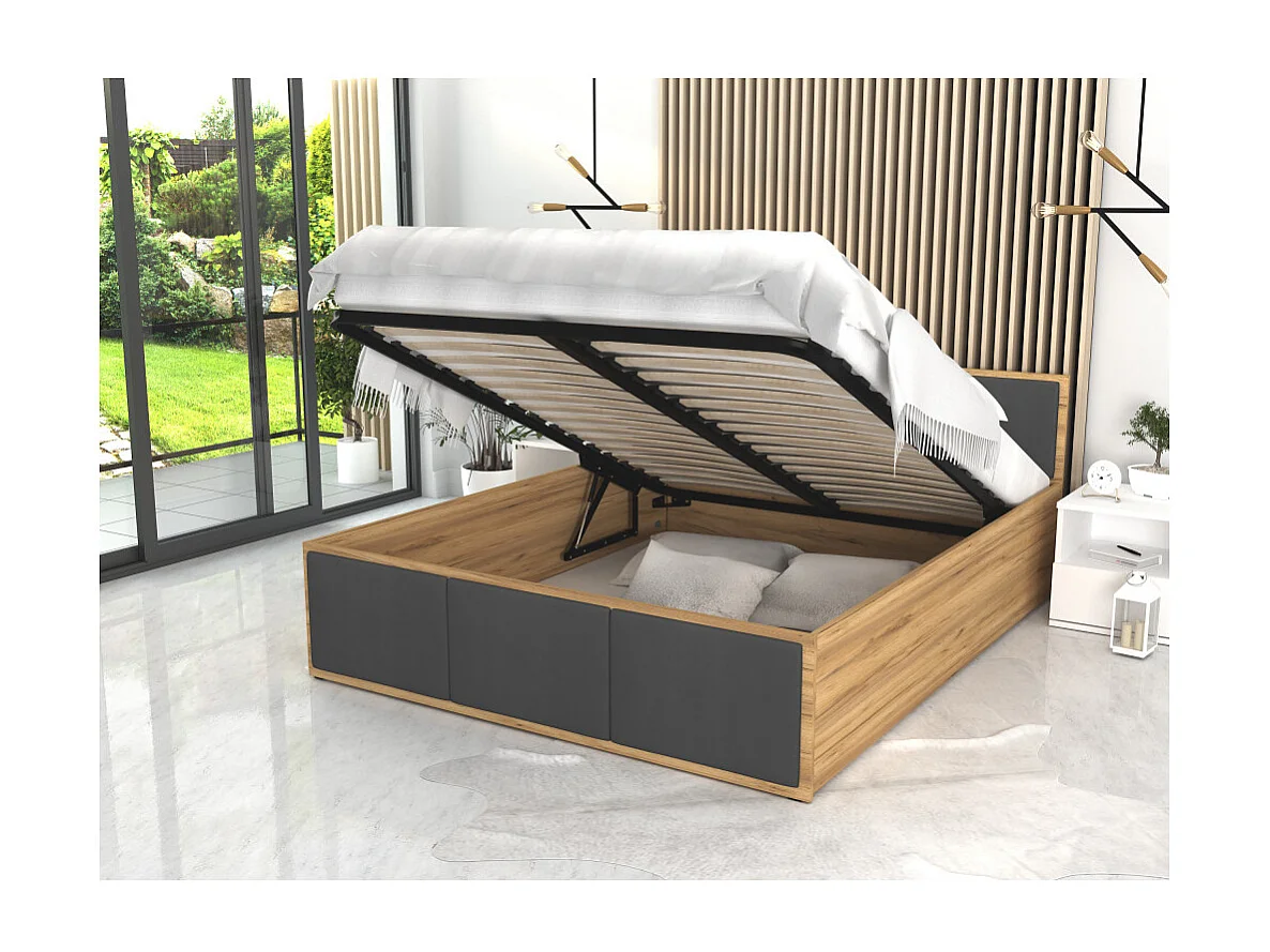 Lit coffre Panama T 160x200 - Sommier inclus Chêne - gris foncé