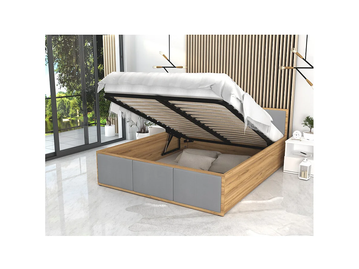 Lit coffre Panama T 140x190 - Sommier inclus Chêne - gris clair