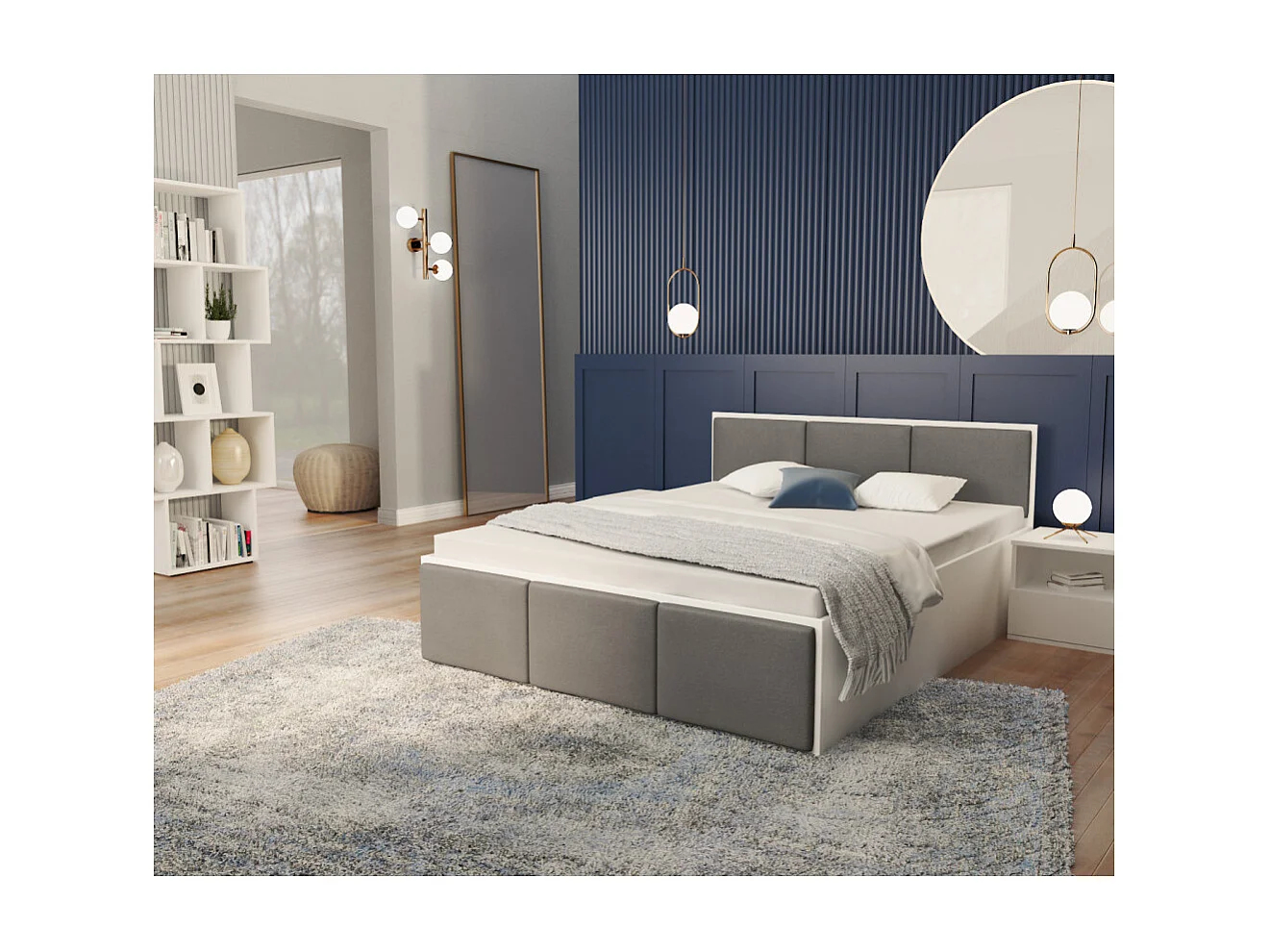 Lit coffre Panama T 140x190 - Sommier inclus Blanc - Gris foncé