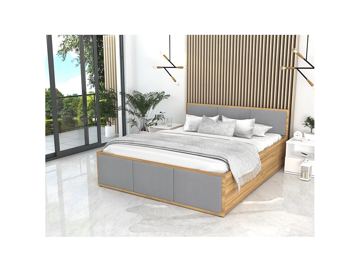 Lit coffre Panama T 160x200 - Sommier inclus Chêne - gris clair