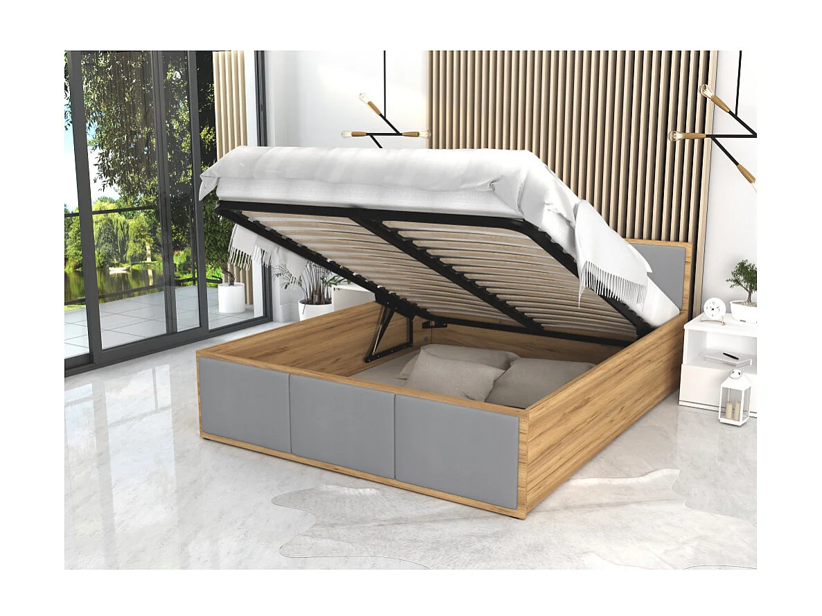 Lit coffre Panama T 160x200 - Sommier inclus Chêne - gris clair