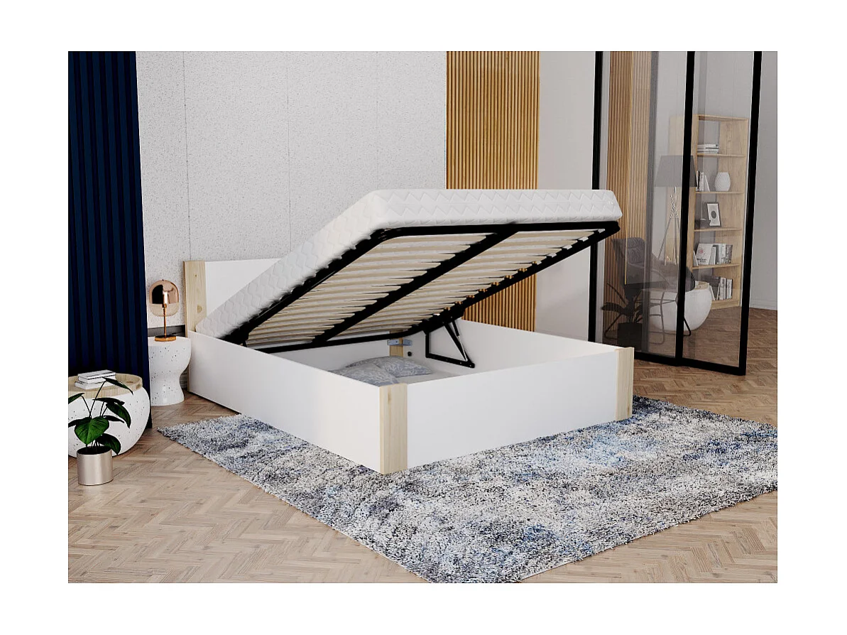 Lit coffre BOSTON 140x190 - Sommier inclus Pin - blanc