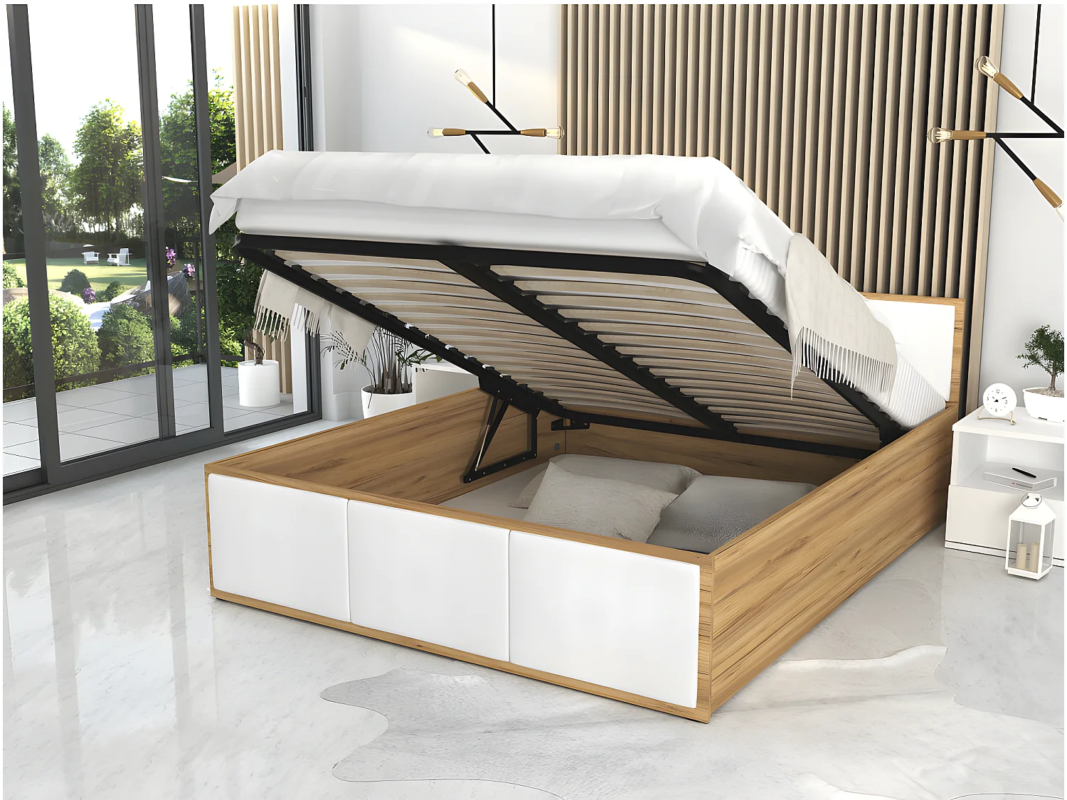 Lit coffre Panama T 160x200 - Sommier inclus Chêne - Blanc