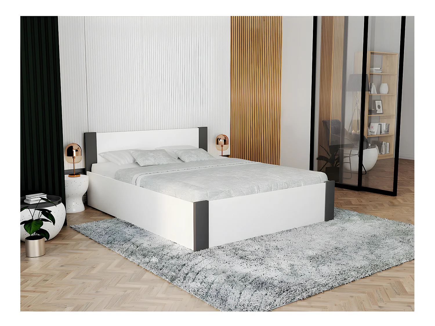 Lit coffre BOSTON 160x200 - Sommier inclus Blanc - gris