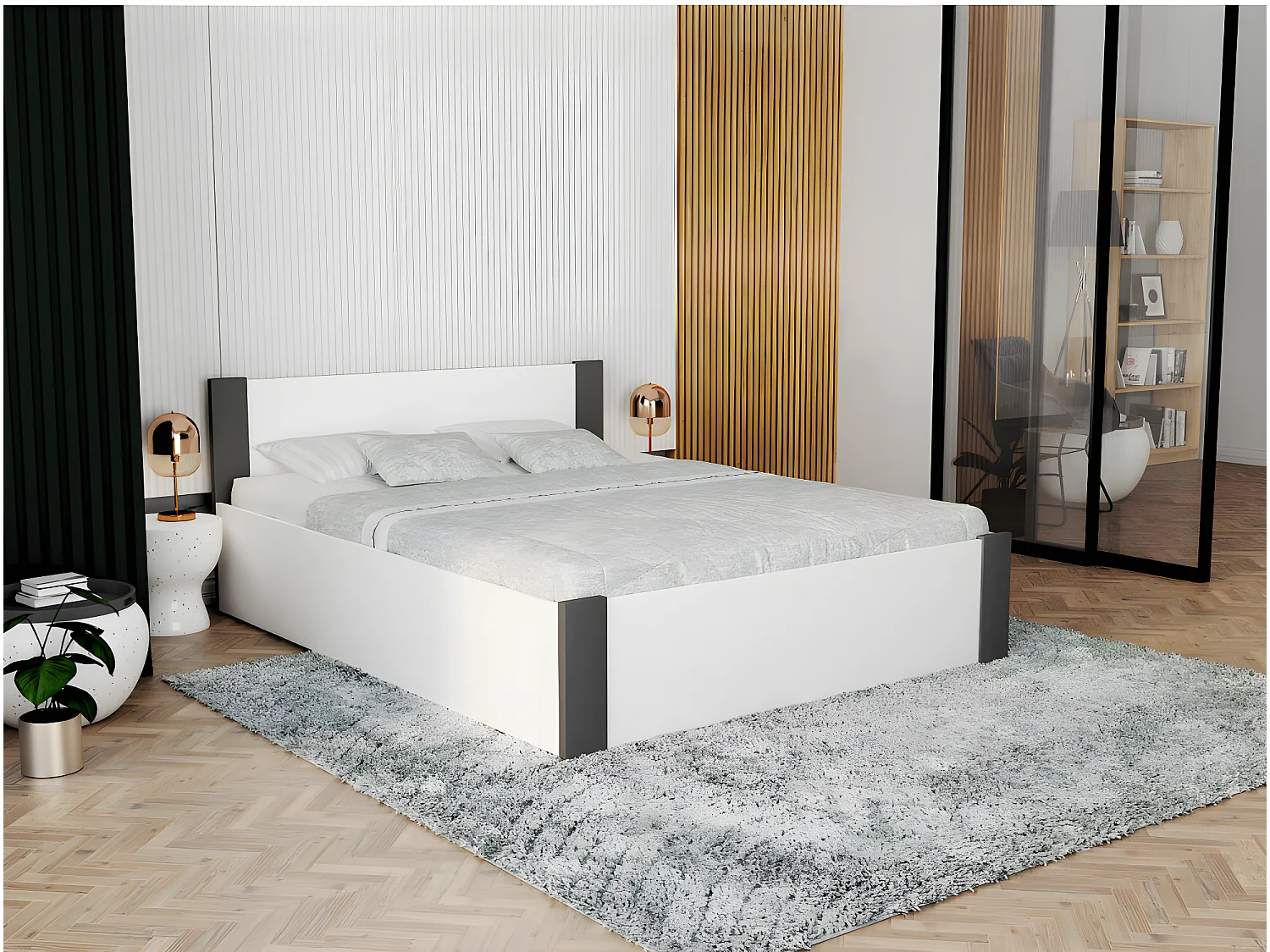 Lit coffre BOSTON 160x200 - Sommier inclus Blanc - gris