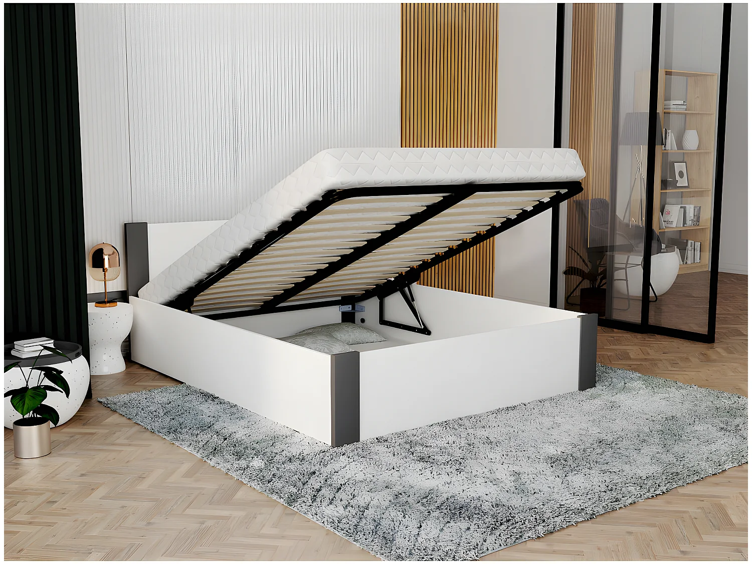 Lit coffre BOSTON 140x190 - Sommier inclus Blanc - gris