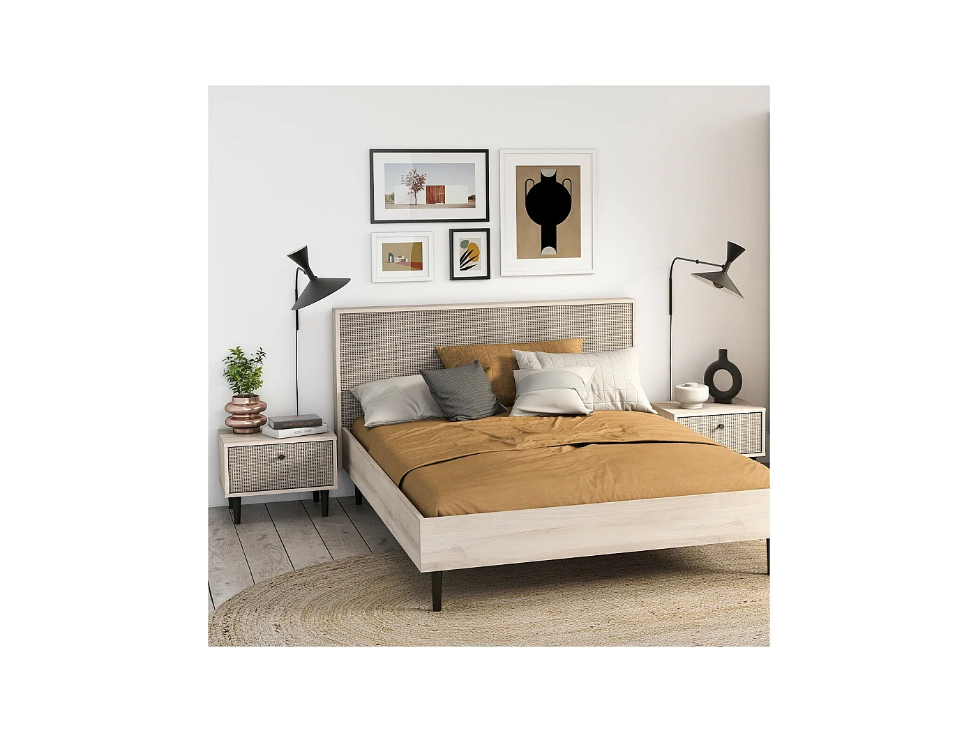 Nachtkastje 1 Lade Eiken Decor - Rotan en Mat Zwart Print L44,6 cm - Saïgon