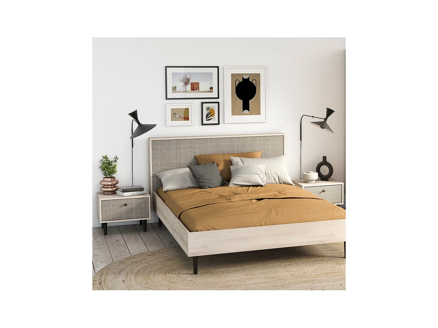 Nachtkastje 1 Lade Eiken Decor - Rotan en Mat Zwart Print L44,6 cm - Saïgon