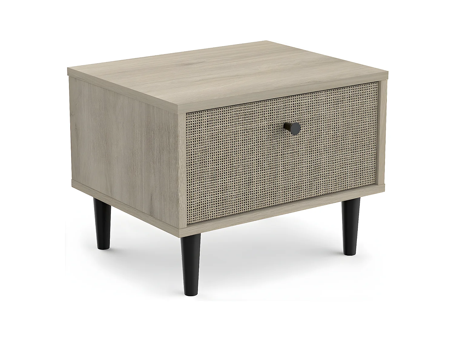 Nachtkastje 1 Lade Eiken Decor - Rotan en Mat Zwart Print L44,6 cm - Saïgon