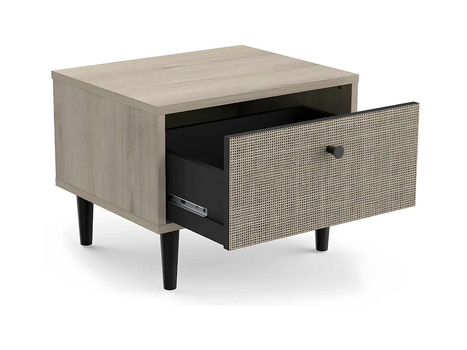 Nachtkastje 1 Lade Eiken Decor - Rotan en Mat Zwart Print L44,6 cm - Saïgon